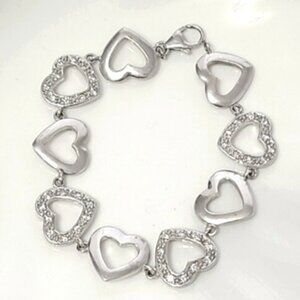 Vintage Sterling Silver Chain Link Crystal Rhinestone Heart Bracelet